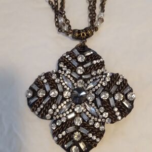 Chico's Silver and Black Quatrefoil Crystal Necklace